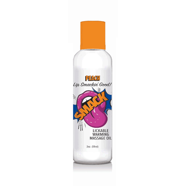 Little Genie Smack Peach lickable warming massage oil, 2 oz clear bottle with orange cap