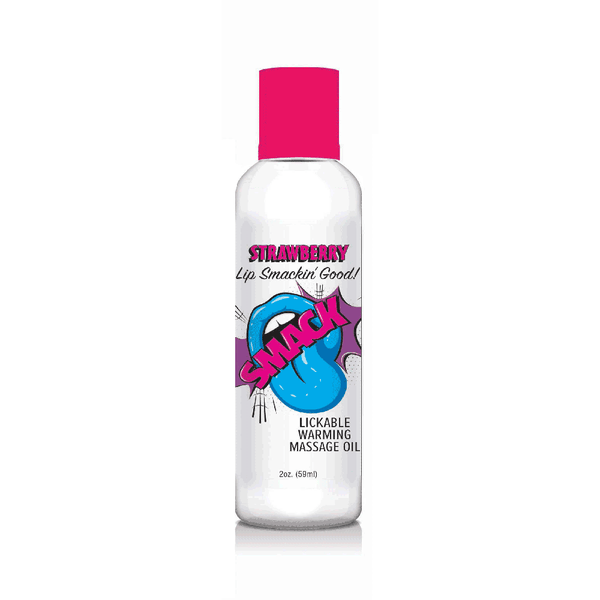 Little Genie Smack strawberry lickable warming massage oil, 2 oz clear bottle with pink cap