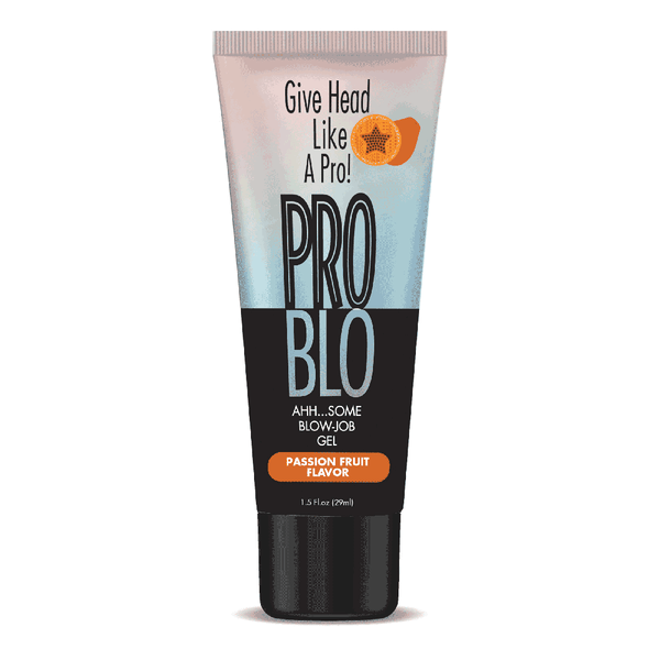 Problo Oral Pleasure Gel tube in passion fruit flavour, light blue and black gradient design