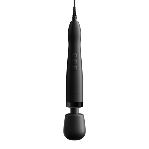 Doxy Original Plug-In Wand Black, full front view, matte black silicone handle with rounded head