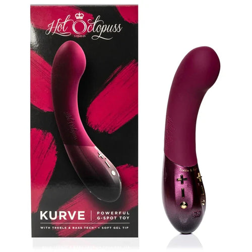 Hot Octopuss KURVE G-spot vibrator in deep berry silicone shown beside its retail box