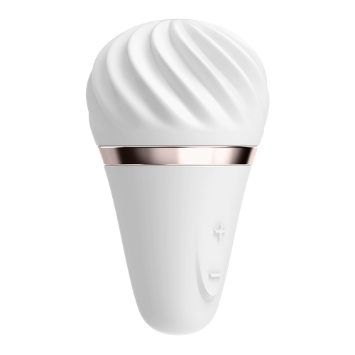 Satisfyer Little Wand lay-on vibrator in white with rose-gold accent band and textured swirl head
