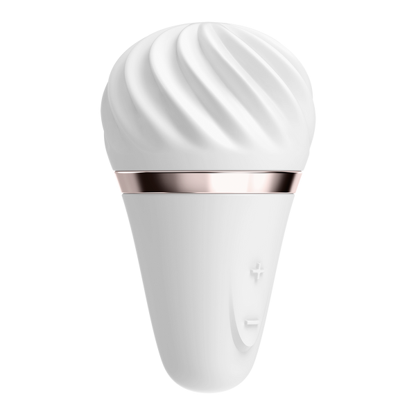Satisfyer Little Wand lay-on vibrator in white with rose-gold accent band and textured swirl head
