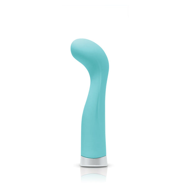 NS Novelties Luxe Darling turquoise silicone vibrator with curved tip on white background