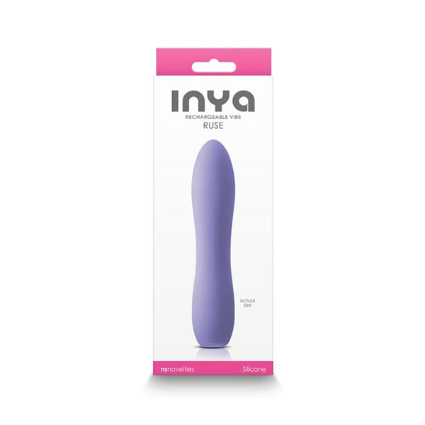 INYA Ruse lilac purple rechargeable silicone vibrator shown in retail packaging