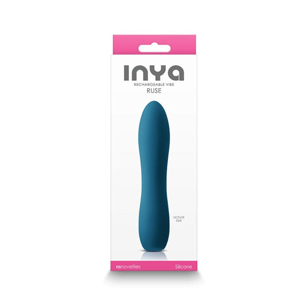 INYA Ruse rechargeable vibrator in dark teal silicone shown in retail packaging