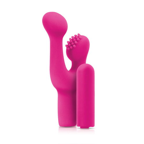 Inya Finger Fun pink silicone vibrator set with curved and textured attachment heads