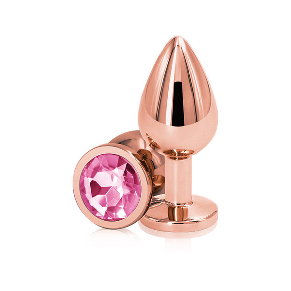Rear Assets Rose Gold Medium anal plug with pink gemstone base, shown in rose gold aluminum finish