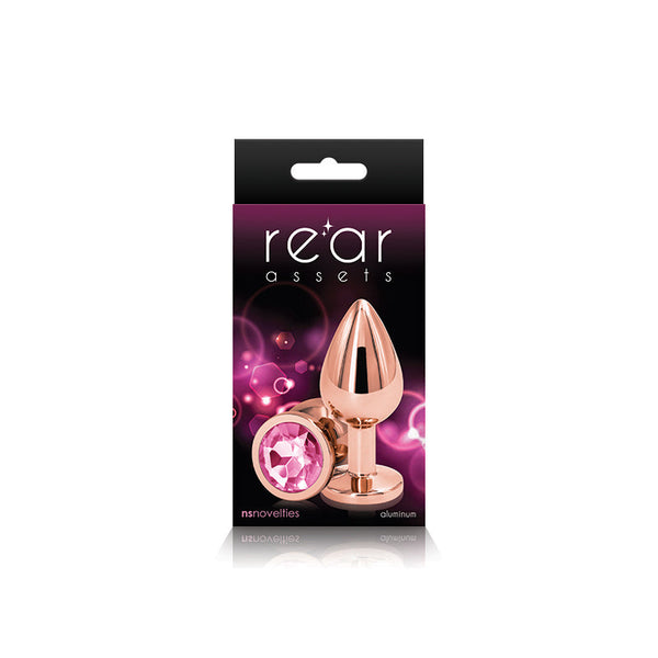 NS Novelties Rear Assets Medium in retail box highlighting pink crystal detail and aluminum construction