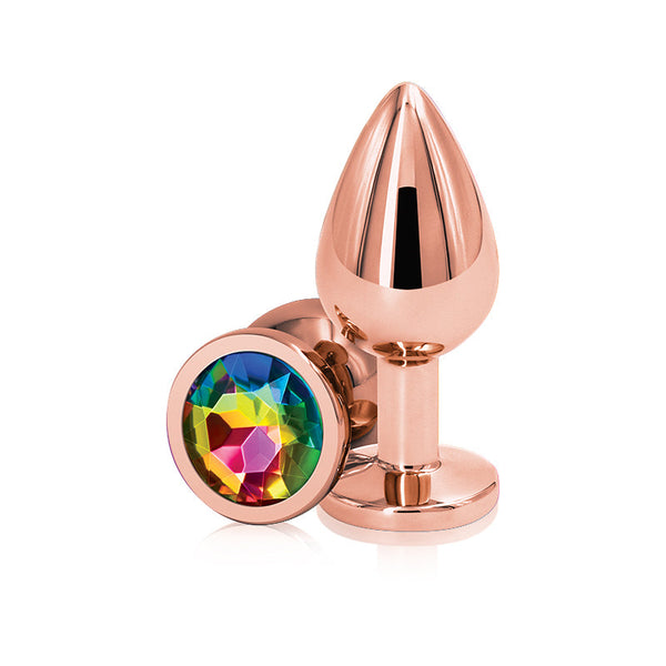 Rear Assets Rose Gold Medium anal plug with multicolour rainbow faceted crystal base, aluminum finish