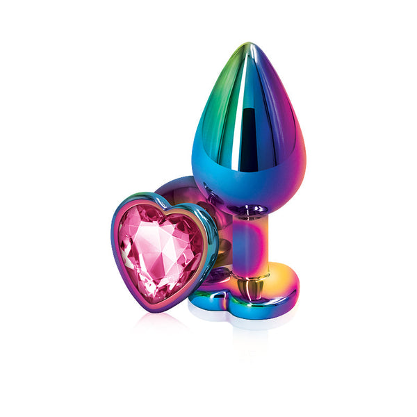 Rear Assets Multicolor Heart Medium anal plug in rainbow aluminum with pink heart gem base