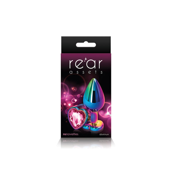 NS Novelties Rear Assets packaging showing rainbow plug with pink heart jewel, aluminum material