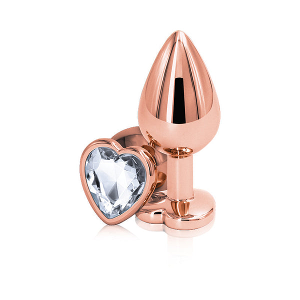 Rear Assets Rose Gold Heart anal plug with clear heart-shaped crystal base, polished aluminum finish