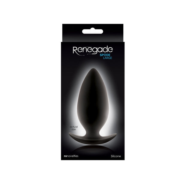 Renegade Spade Large black silicone anal plug shown in its dark retail packaging, actual size