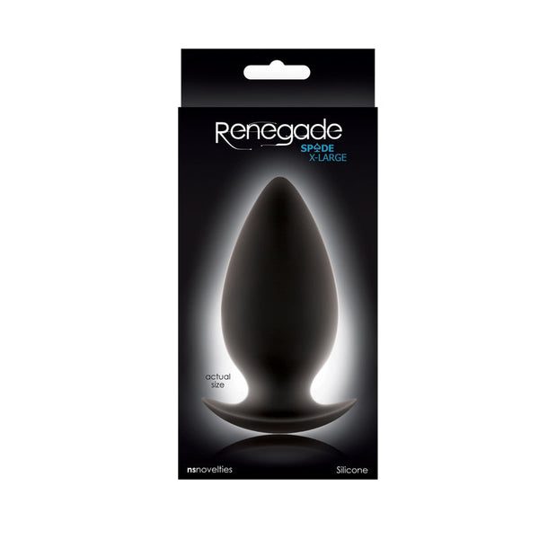 NS Novelties Renegade Spade X-Large anal plug in black retail packaging, actual size shown