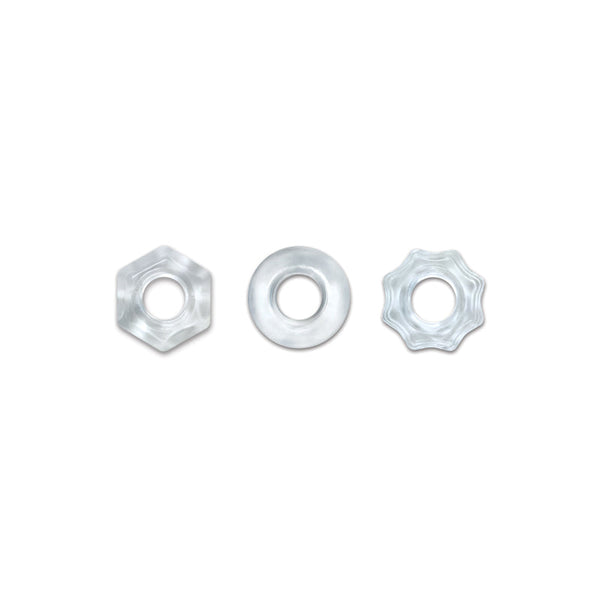Renegade Dyno Rings three clear stretchable cock rings in hexagon, round, and star shapes