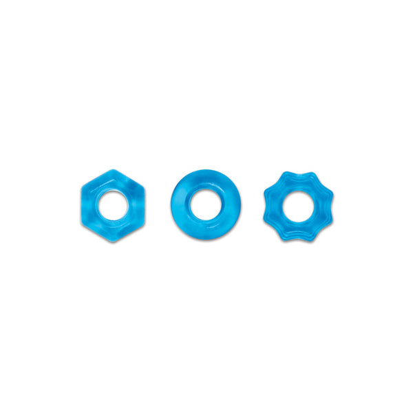 Renegade Chubbies blue cock rings in hexagon, circle, and star shapes, set of 3