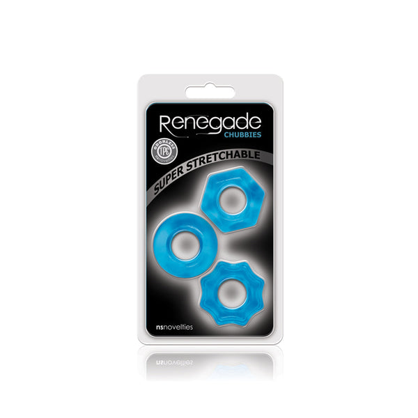 Renegade Chubbies 3-pack blue cock rings in retail packaging labeled super stretchable