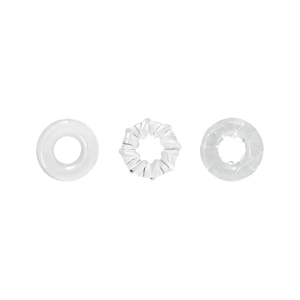 Renegade Dyno Rings set of three clear stretchable cock rings in varied textures