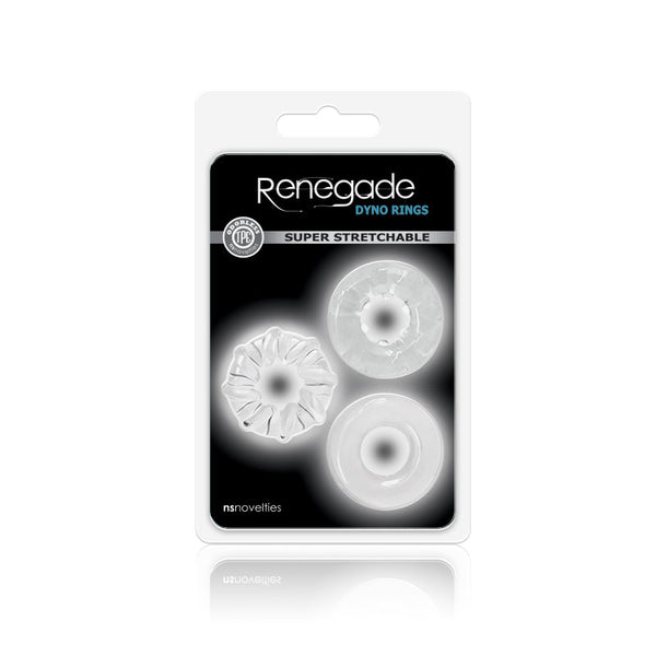 NS Novelties Renegade Dyno Rings in retail blister packaging, super stretchable clear