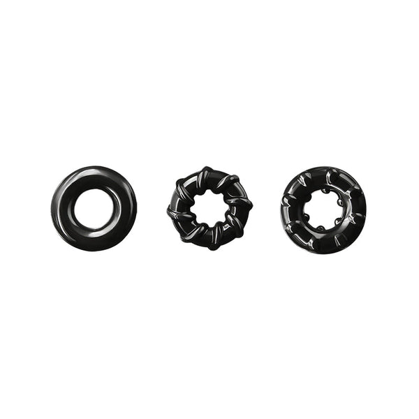 Renegade Dyno Rings three-piece black cock ring set with varied textured designs
