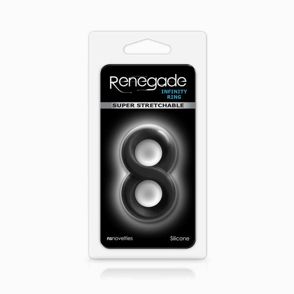 Renegade Infinity Ring packaging showing super stretchable black silicone double-loop design