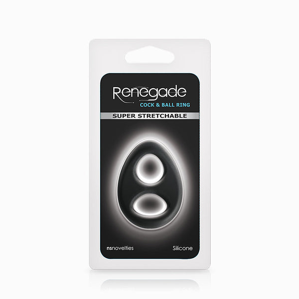 NS Novelties Renegade cock and ball ring in retail packaging, labeled super stretchable silicone