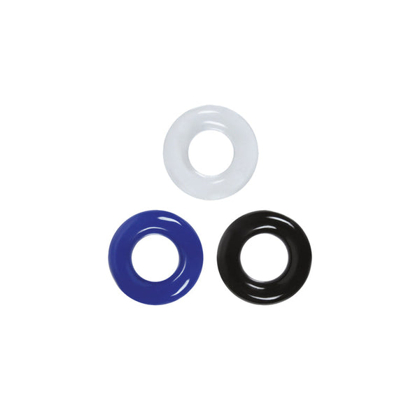 Renegade Stamina Rings in clear, blue, and black, shown as a set of three stretchy cock rings