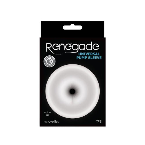 NS Novelties Renegade Pump Sleeve in black retail packaging, actual size shown on box