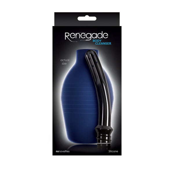 Renegade Body Cleanser packaging showing actual size, silicone material noted on box