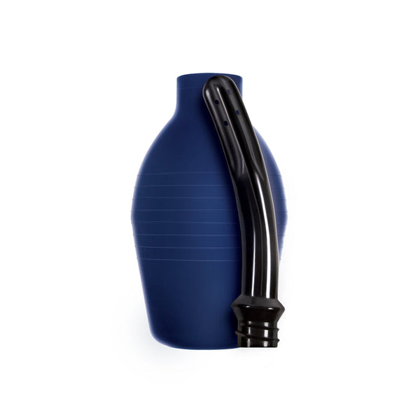 Renegade Body Cleanser in navy blue silicone with curved black nozzle, front view
