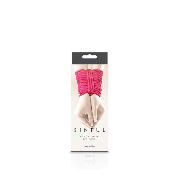 Sinful Nylon Rope packaging showing pink rope wrapped around wrists, 25ft length