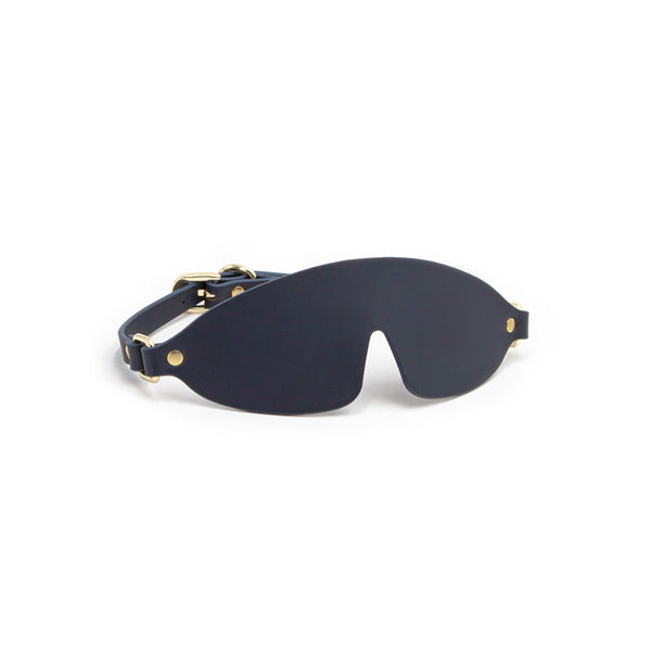 Bondage Couture Blindfold in navy blue with gold-tone hardware and adjustable strap