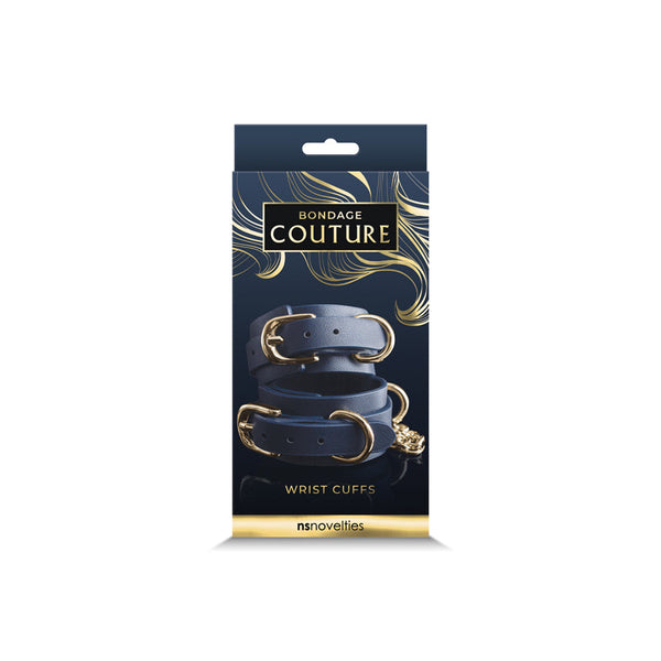 NS Novelties Bondage Couture Wrist Cuffs packaging showing navy and gold design with product name