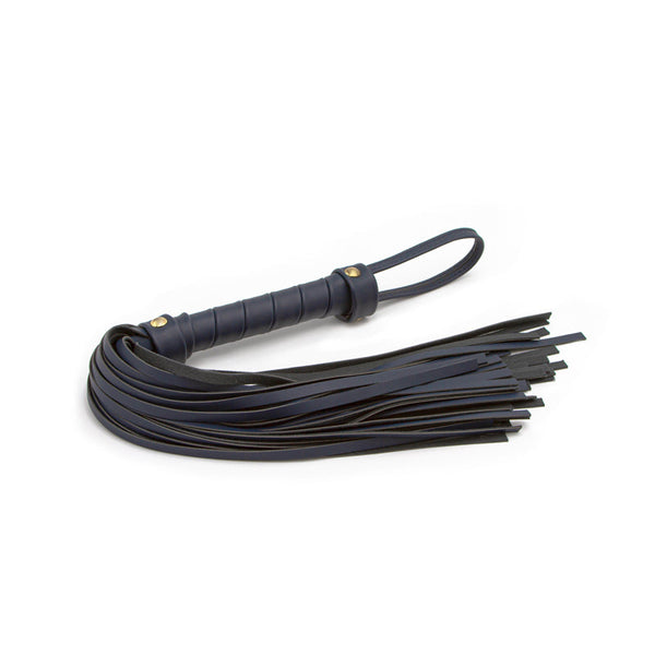 Bondage Couture Flogger in navy blue with a wrapped handle and multiple leather tails
