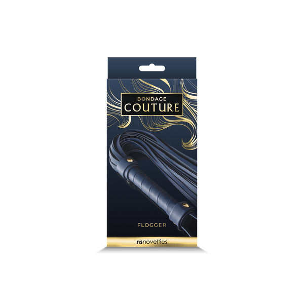 NS Novelties Bondage Couture Flogger packaging showing navy and gold branding design