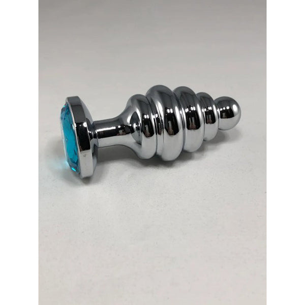 Pink Elephant Large Thread Anal Plug in polished silver with ribbed spiral shaft and aqua blue gem