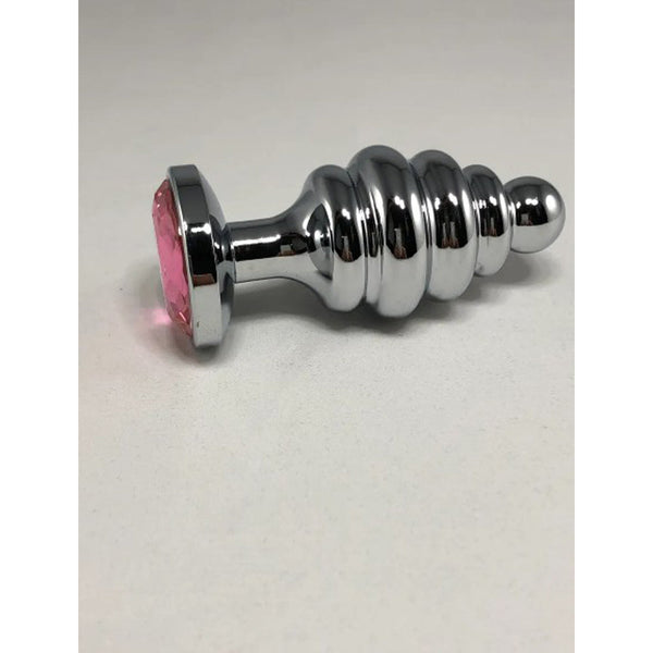 Pink Elephant Thread Anal Plug Large in polished silver metal with a ribbed spiral shaft and pink gem base