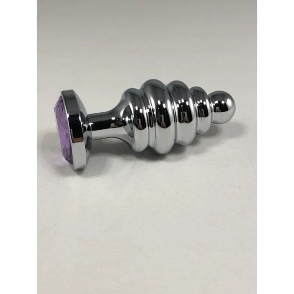 Pink Elephant Large Thread Anal Plug in polished silver with ribbed spiral shaft and purple gem base