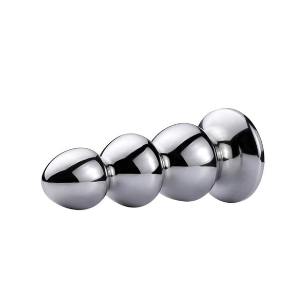 Side angle of stainless steel Triple Bead plug showing four graduated spherical beads and base