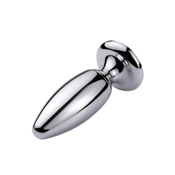 Extreme Bullet Anal Plug angled view highlighting tapered tip and flared retention base in chrome finish