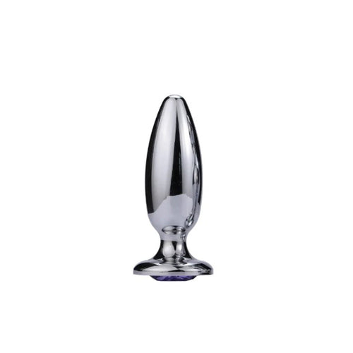 Pink Elephant Extreme Bullet Anal Plug with polished stainless steel body and violet jewel base