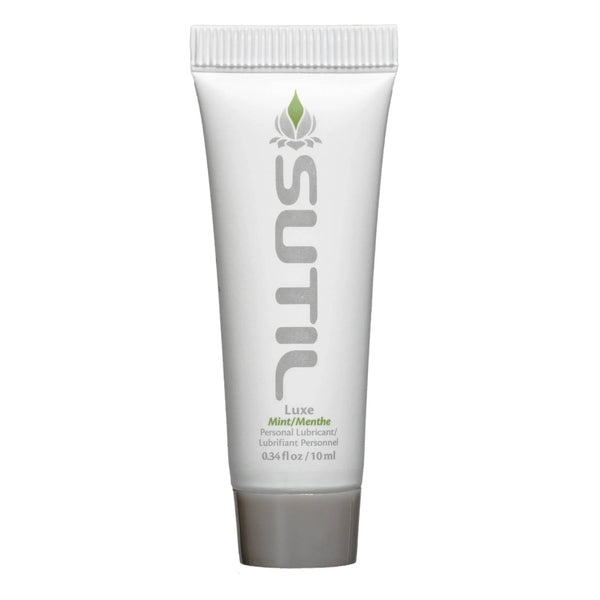 Sutil Luxe Mint personal lubricant in a compact 10ml squeeze tube with white cap