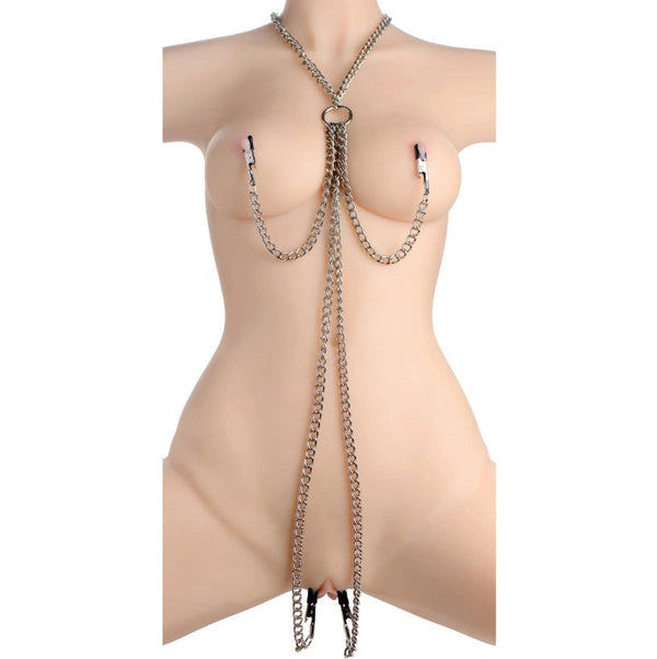 XR Chain Collar with Nipple and Clit Clamps – silver metal chain collar linked to clamps
