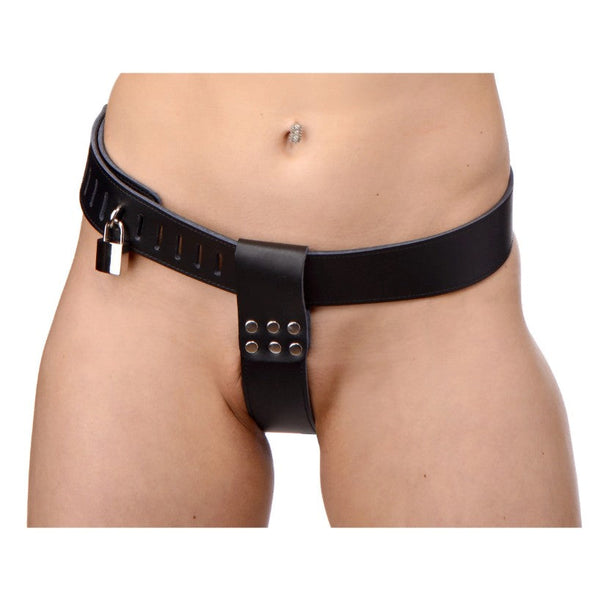 XR Adjustable Female Chastity Belt with Padlocks – black PU leather two-strap belt