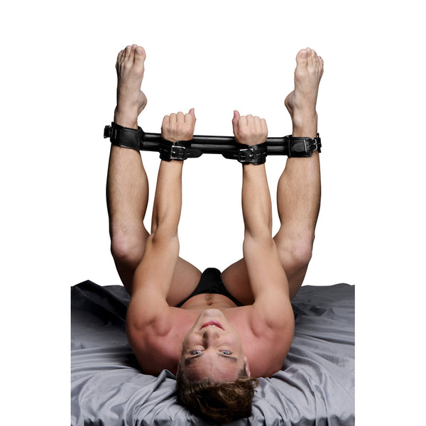 XR Deluxe Rigid Spreader Bar with Padded Cuffs – black fixed spreader bar with cushioned PU leather cuffs