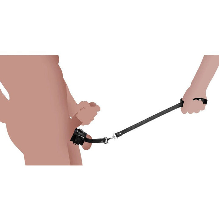 XR Ball Stretcher with Leash – black PU leather stretcher with D-rings and leash