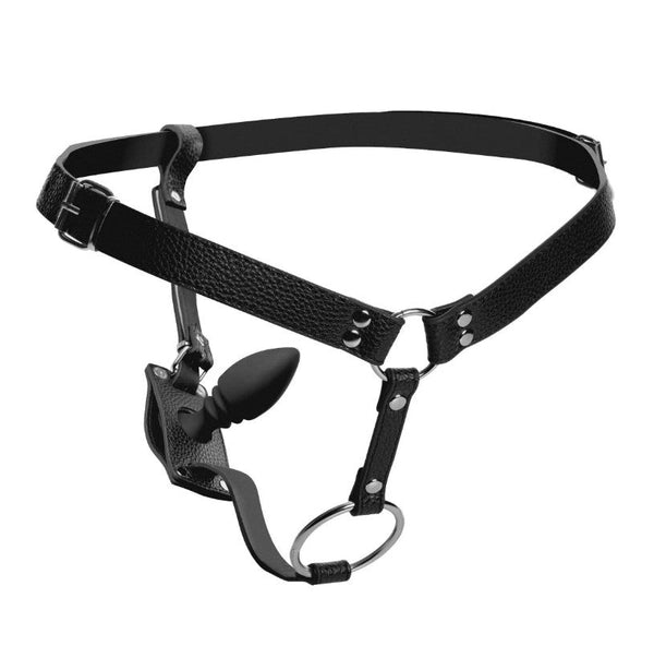 XR Cock Ring Harness with Removable Silicone Butt Plug – black strap harness with metal ring and rippled plug