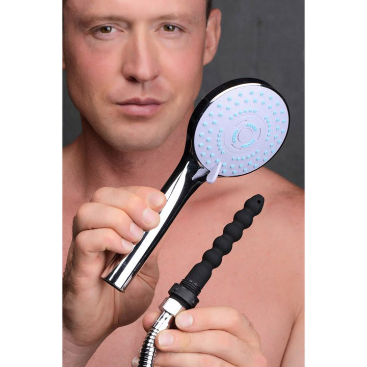 CleanStream Shower Head with Hidden Silicone Enema Nozzle – silver shower head with a black silicone enema nozzle