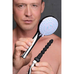 CleanStream Shower Head with Hidden Silicone Enema Nozzle – silver shower head with a black silicone enema nozzle